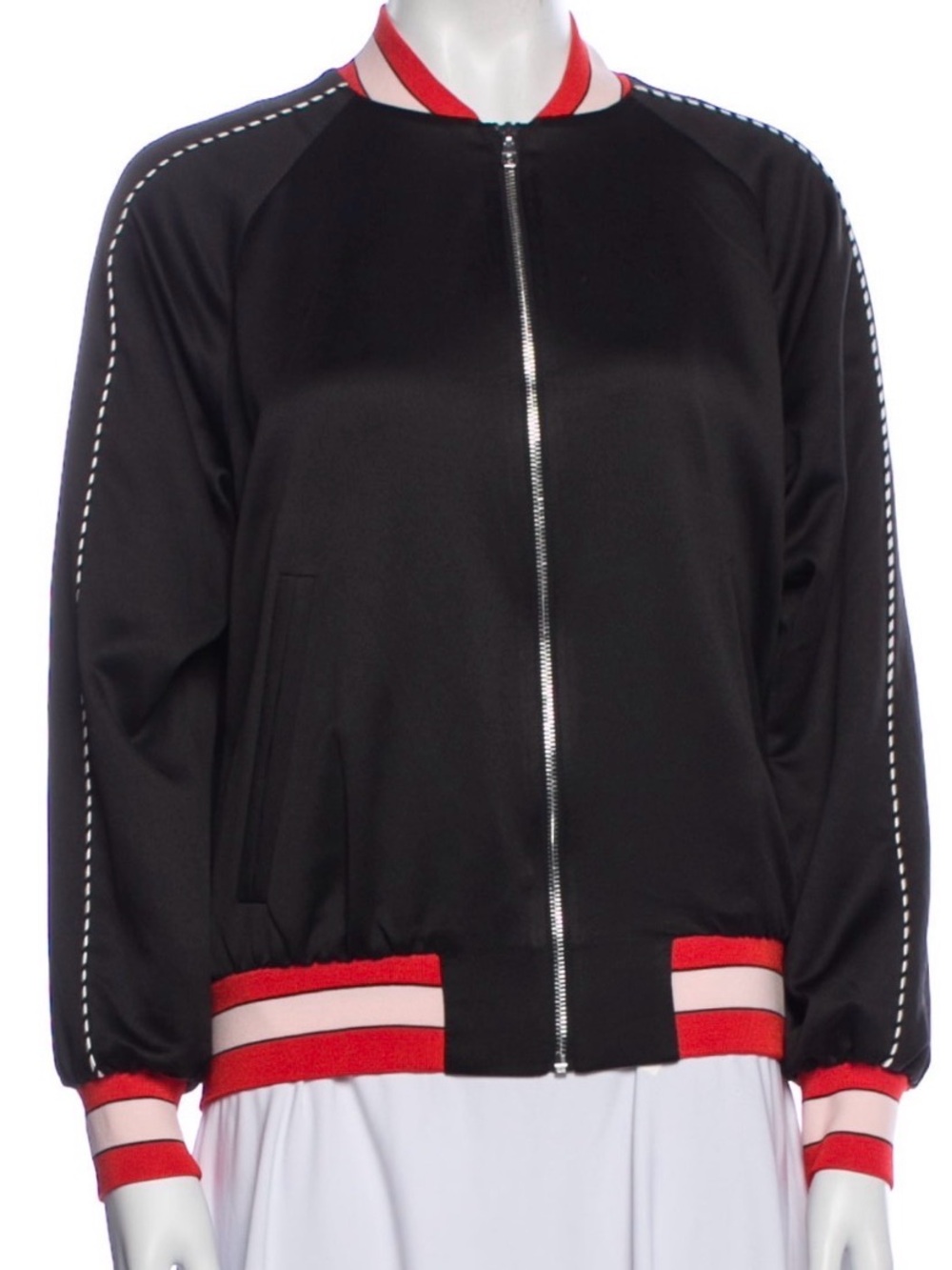 SANDRO Black Bomber Jacket with Red Trim - Women’s Casual Zip Jacket